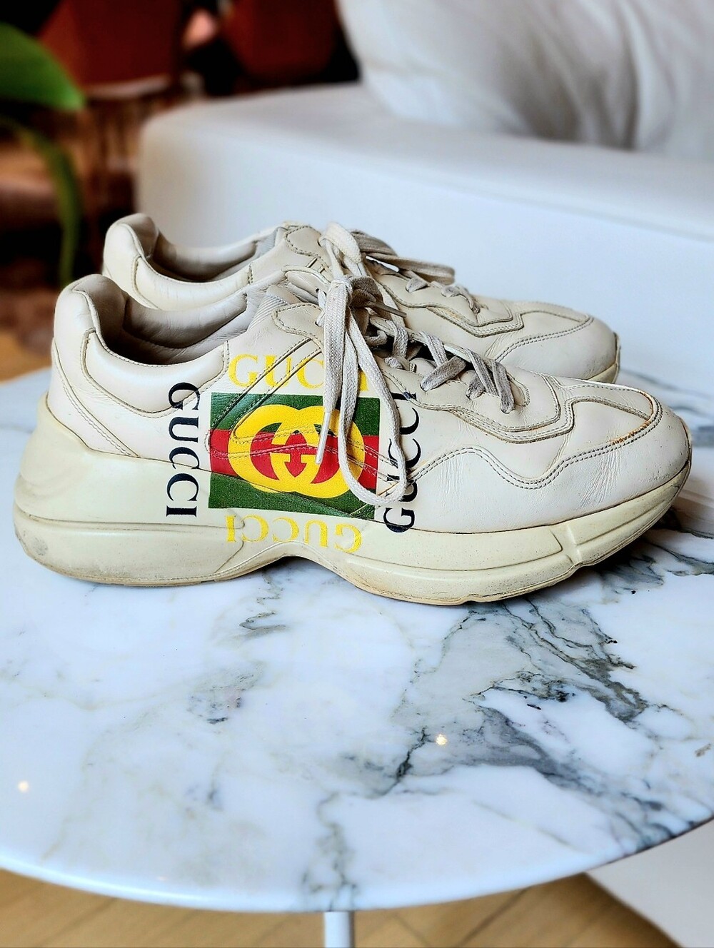 Gucci Cream Color Men's Rhyton Logo Leather Sneakers Size 8